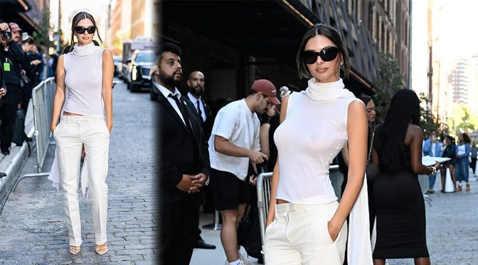 Emily Ratajkowski Dumps Her Bra for Ultra-Sheer Top at Calvin Klein NYFW Show