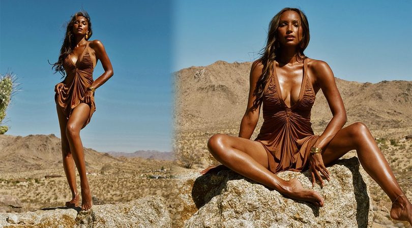 Jasmine Tookes Drops Jaws in Ultra-Short Brown Dress During Heatwave Desert Shoot