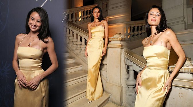 Kelsey Merritt’s Butter-Yellow Satin Gown Pours Over Every Curve at the Tiffany Paris Dinner