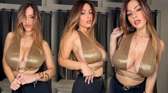 Maddalena Cabizzosu Barely Contains Her Massive Bust in a Stripped-Down Gold Halter
