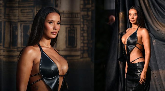 Maya Jama Barely Covers Her Boobs in Dangerously Low Studded Leather Dress