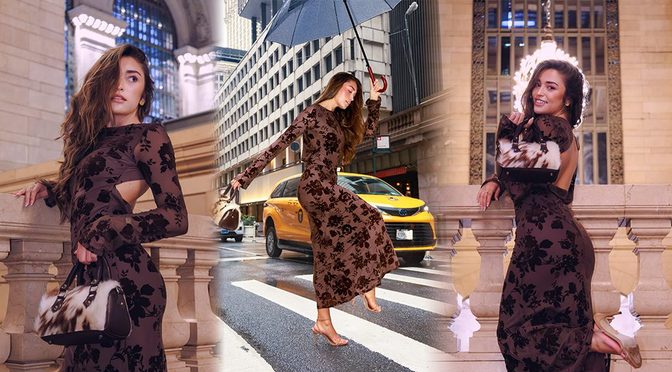 Presley Elise Owns the Wet NYC Streets in That Skintight Brown Floral Mesh Dress for Marsak