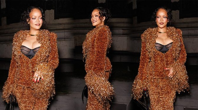 Rihanna’s Massive Cleavage and Sheer Black Bra Steal the Night in That Metallic Fringe Suit