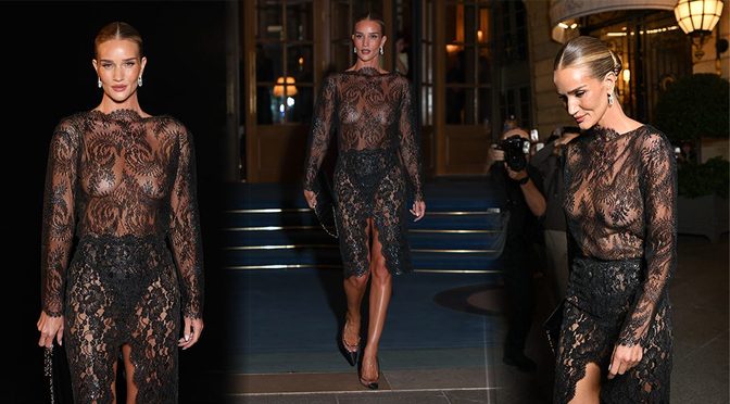 Rosie Huntington-Whiteley Braless and Bare Under Black Lace at the Saint Laurent Show (NSFW)