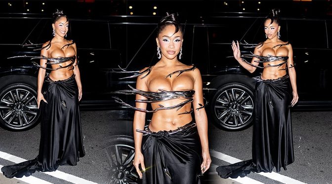 Saweetie’s Metallic Thorns Barely Cover Her Massive Cleavage at Grace Ling NYFW