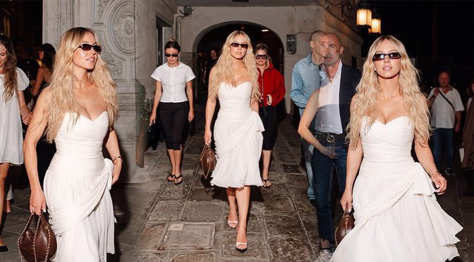 Sydney Sweeney Flashes Deep Cleavage in White Corset Dress During Venice Night Out