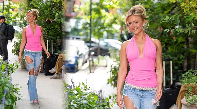 Zara Larsson Spotted Braless in Skin-Tight Pink Halter and Ripped Jeans on the Lower East Side