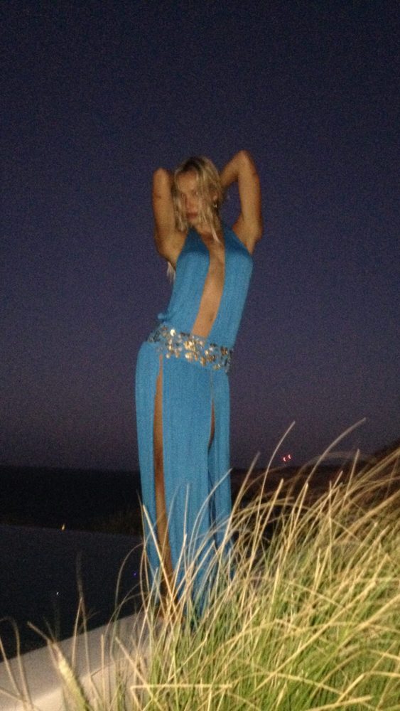 Alexis Ren Braless Blue Dress Mykonos Pool Night