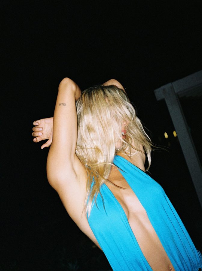Alexis Ren Braless Blue Dress Mykonos Pool Night