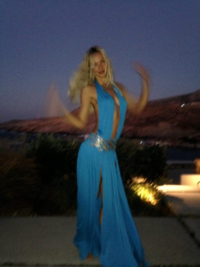 Alexis Ren Braless Blue Dress Mykonos Pool Night