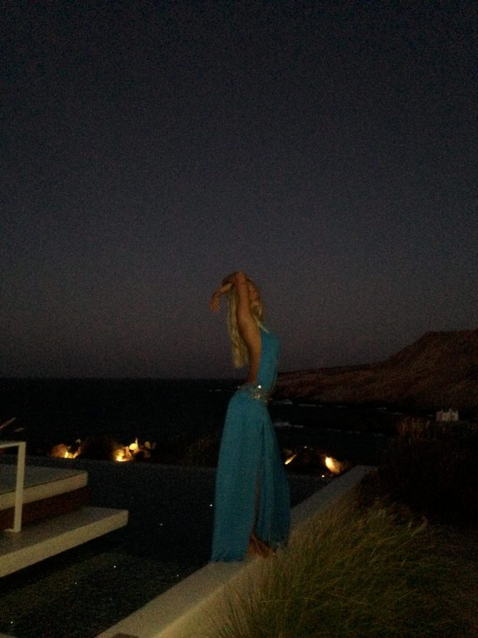 Alexis Ren Braless Blue Dress Mykonos Pool Night