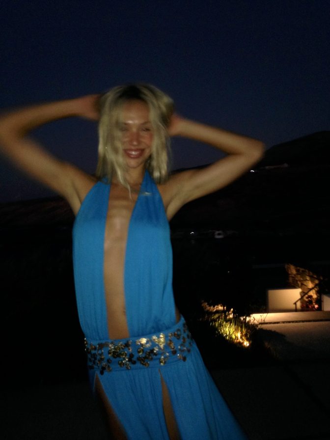 Alexis Ren Braless Blue Dress Mykonos Pool Night