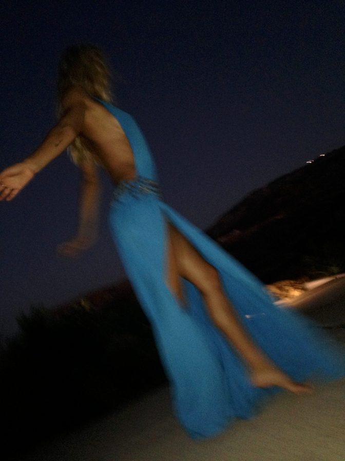 Alexis Ren Braless Blue Dress Mykonos Pool Night