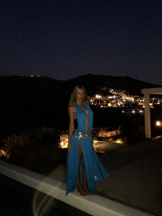 Alexis Ren Braless Blue Dress Mykonos Pool Night