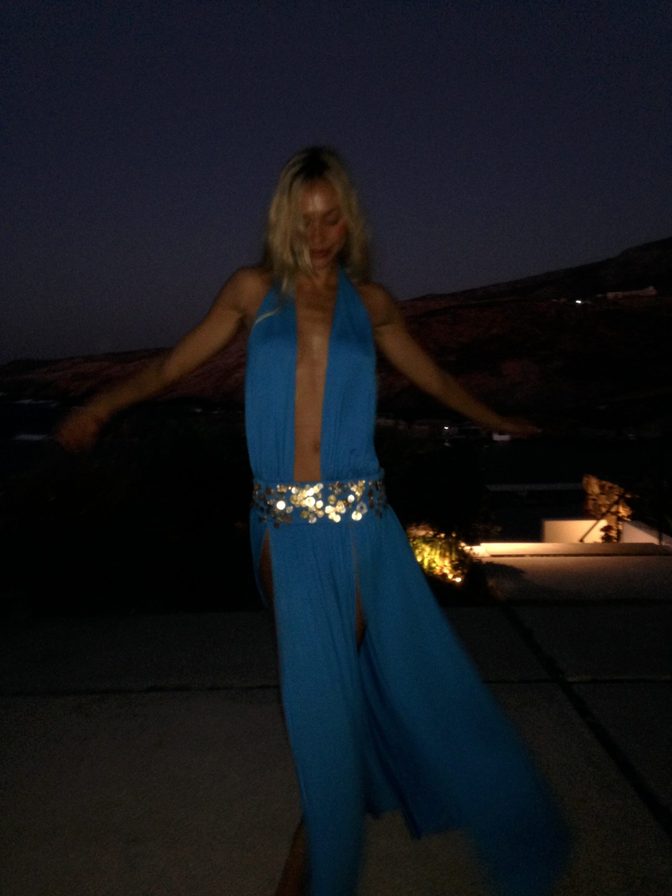 Alexis Ren Braless Blue Dress Mykonos Pool Night