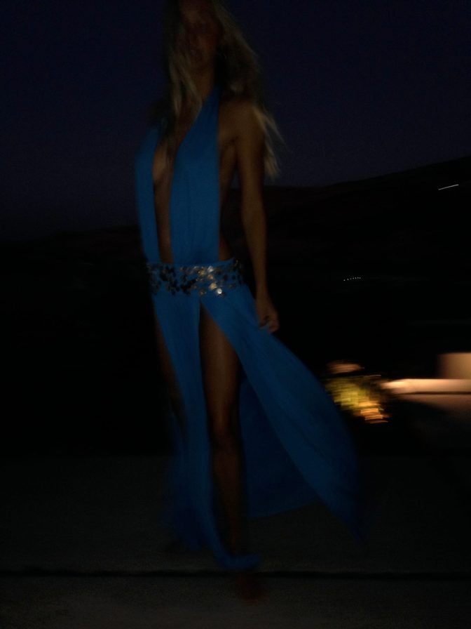 Alexis Ren Braless Blue Dress Mykonos Pool Night