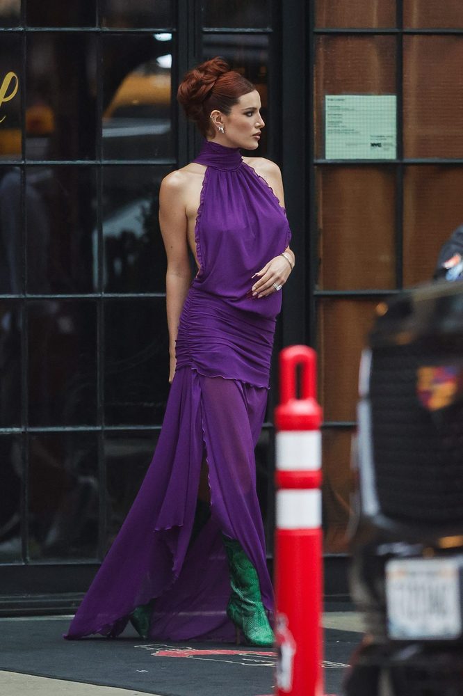 Bella Thorne Braless Purple Dress Side Cutouts High Slit Nyc