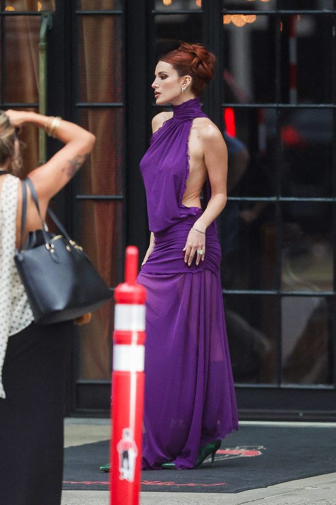 Bella Thorne Braless Purple Dress Side Cutouts High Slit Nyc