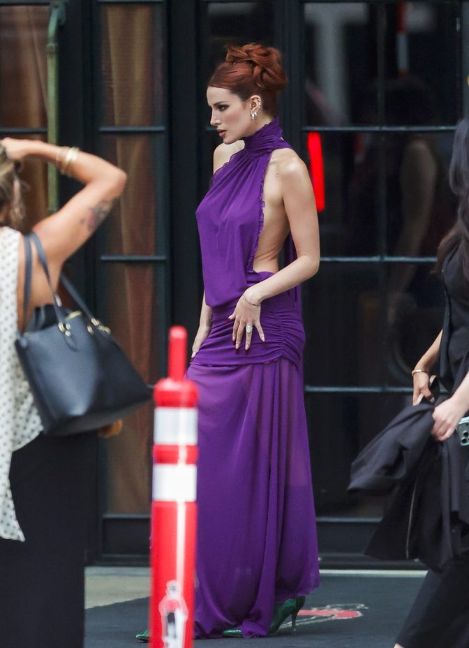 Bella Thorne Braless Purple Dress Side Cutouts High Slit Nyc