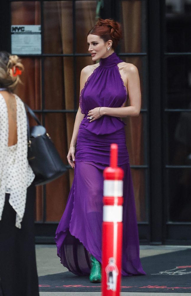 Bella Thorne Braless Purple Dress Side Cutouts High Slit Nyc