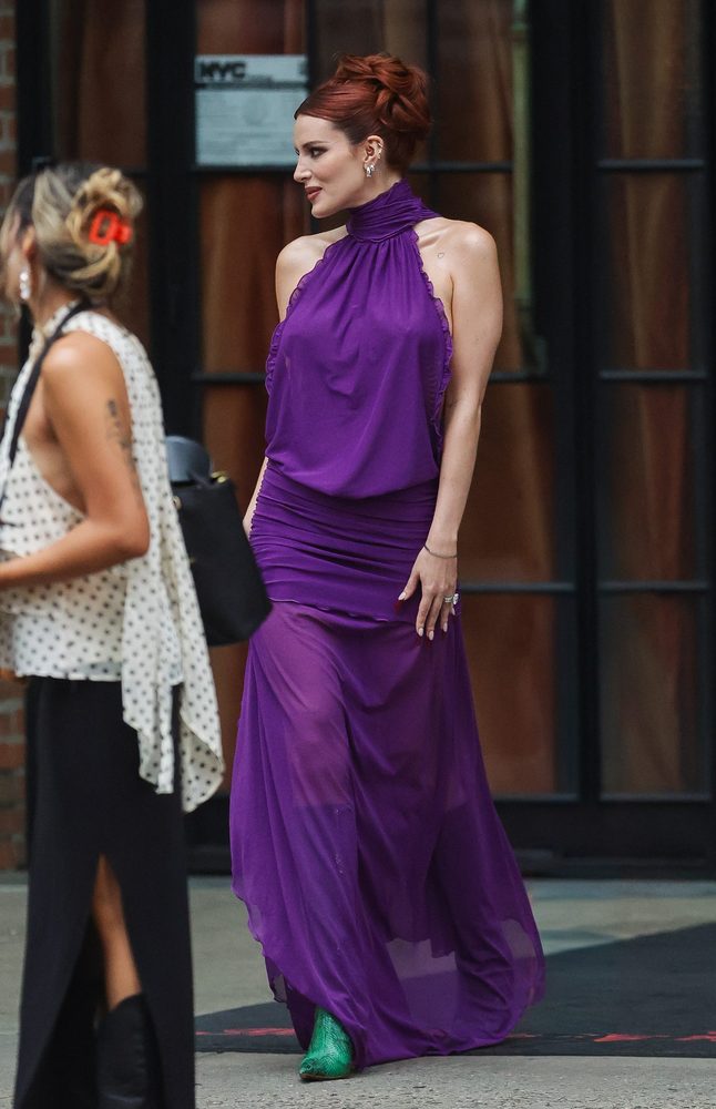 Bella Thorne Braless Purple Dress Side Cutouts High Slit Nyc