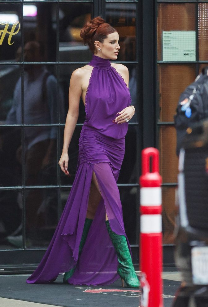 Bella Thorne Braless Purple Dress Side Cutouts High Slit Nyc