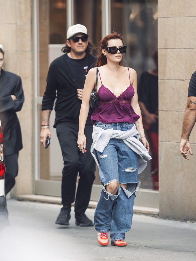 Bella Thorne Braless Purple Lace Cleavage Milan Street Style