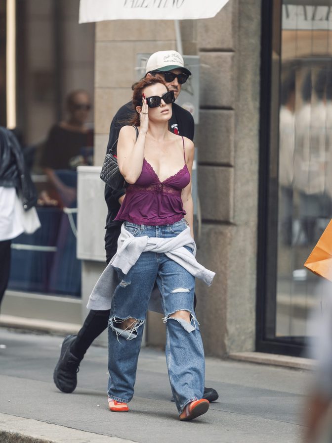 Bella Thorne Braless Purple Lace Cleavage Milan Street Style