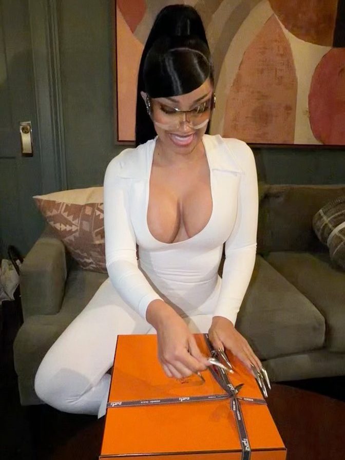 Cardi B White Catsuit Cleavage Tattooed Ass Fur Coat