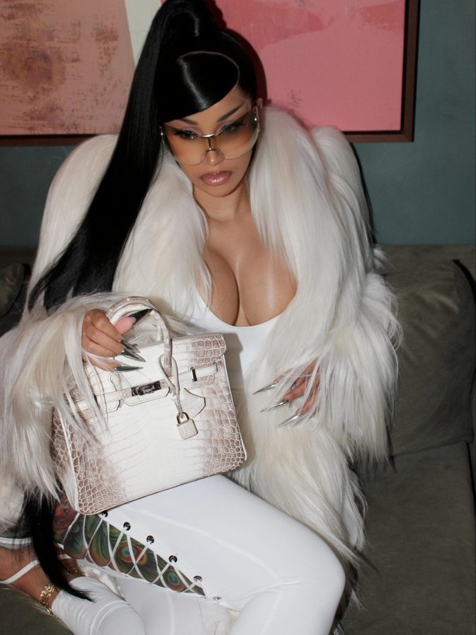 Cardi B White Catsuit Cleavage Tattooed Ass Fur Coat