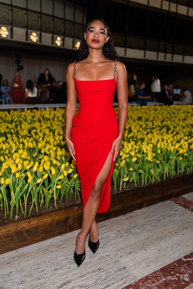 Chandler Kinney Sexy Red Dress Thigh Slit Carolina Herrera Nyfw