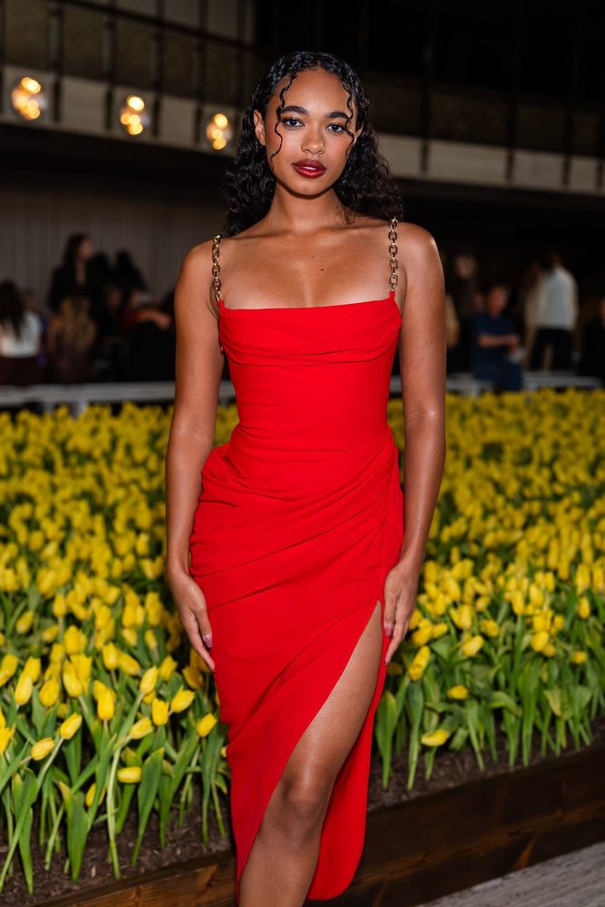 Chandler Kinney Sexy Red Dress Thigh Slit Carolina Herrera Nyfw
