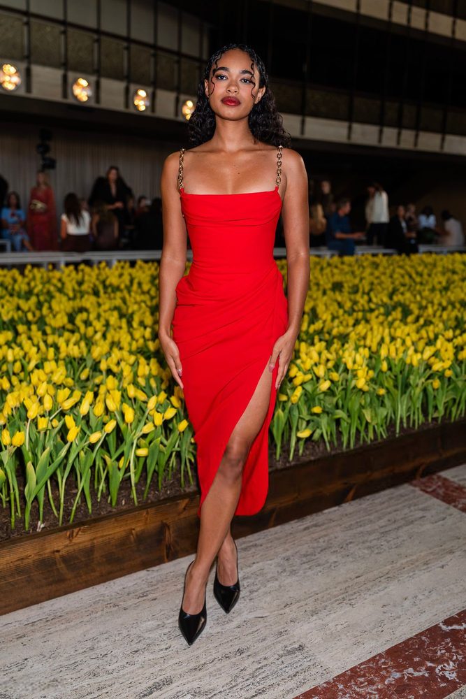Chandler Kinney Sexy Red Dress Thigh Slit Carolina Herrera Nyfw