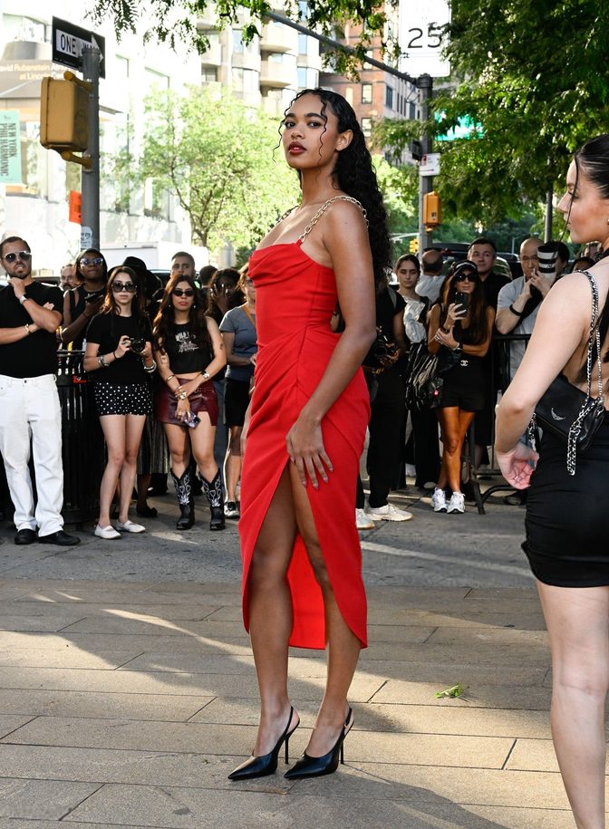 Chandler Kinney Sexy Red Dress Thigh Slit Carolina Herrera Nyfw