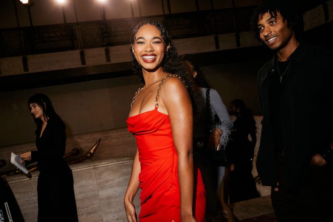 Chandler Kinney Sexy Red Dress Thigh Slit Carolina Herrera Nyfw