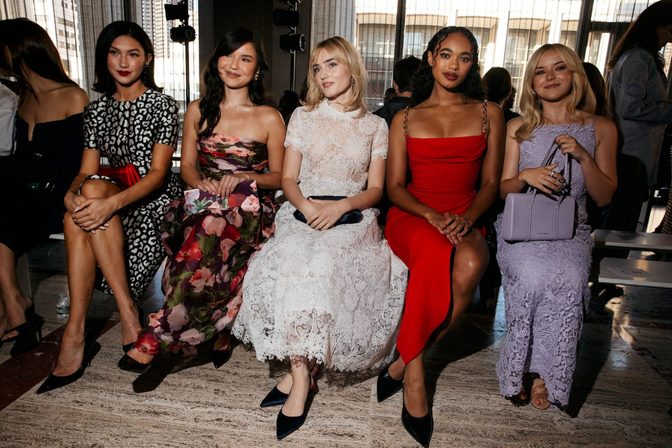 Chandler Kinney Sexy Red Dress Thigh Slit Carolina Herrera Nyfw
