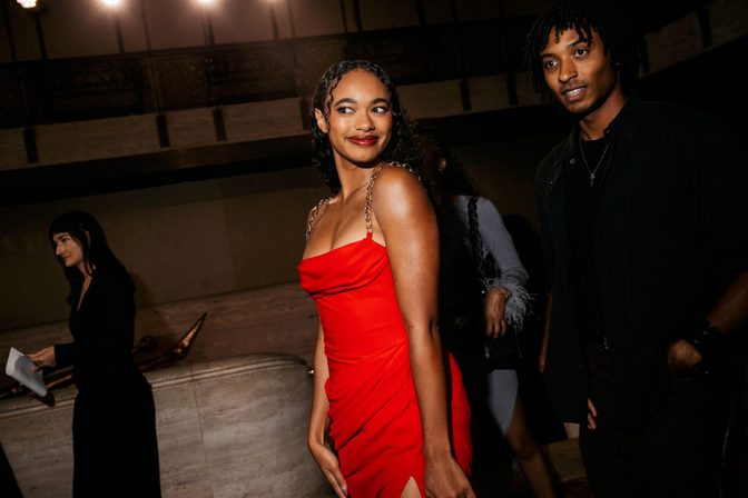 Chandler Kinney Sexy Red Dress Thigh Slit Carolina Herrera Nyfw