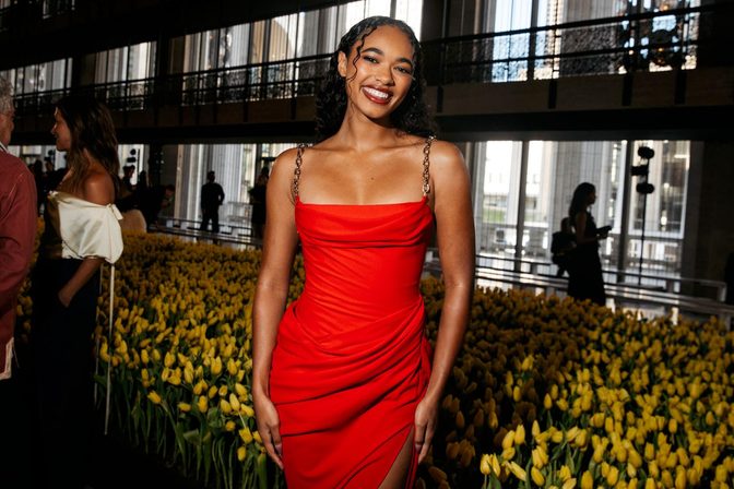 Chandler Kinney Sexy Red Dress Thigh Slit Carolina Herrera Nyfw