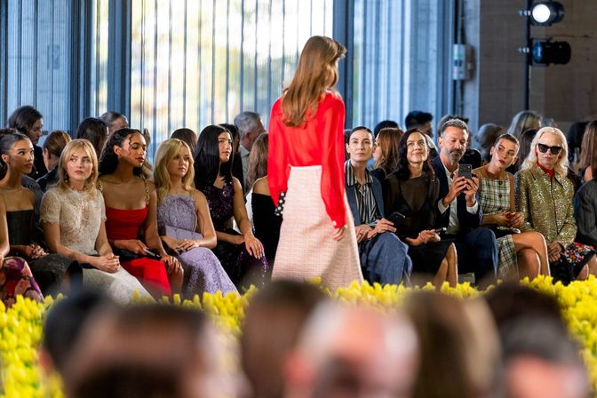 Chandler Kinney Sexy Red Dress Thigh Slit Carolina Herrera Nyfw