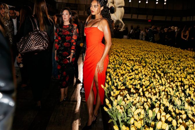 Chandler Kinney Sexy Red Dress Thigh Slit Carolina Herrera Nyfw