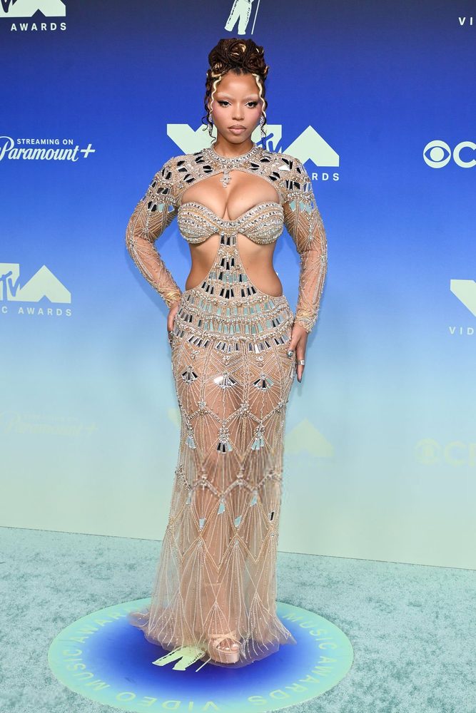 Chloe Bailey Sheer Beaded Cleavage Mirror Gown Vmas
