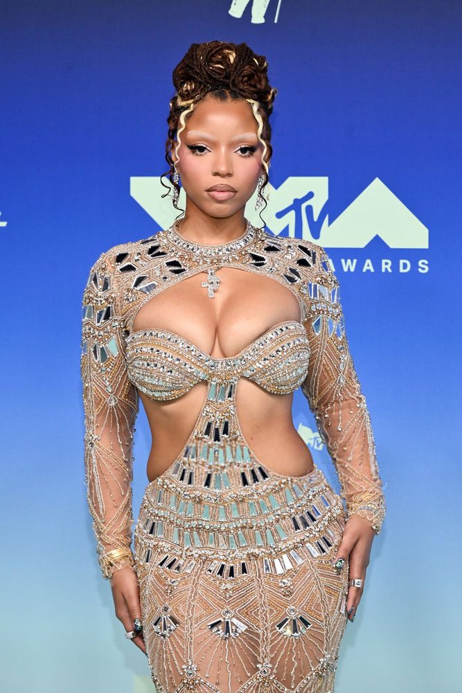 Chloe Bailey Sheer Beaded Cleavage Mirror Gown Vmas