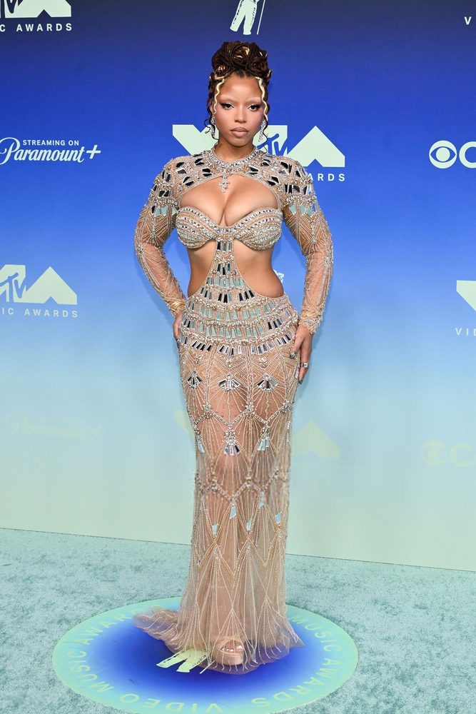 Chloe Bailey Sheer Beaded Cleavage Mirror Gown Vmas
