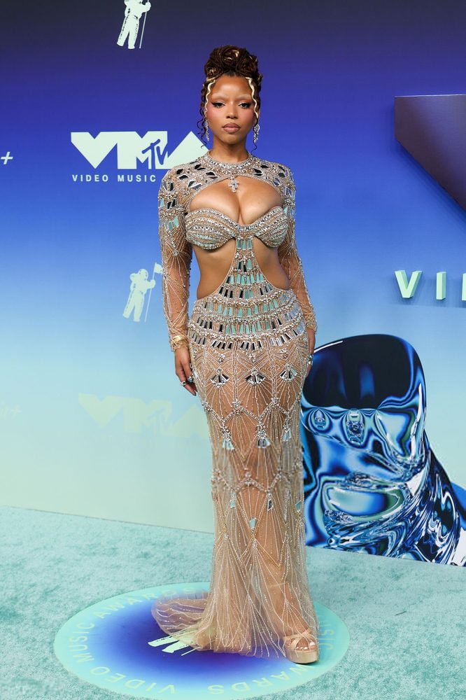 Chloe Bailey Sheer Beaded Cleavage Mirror Gown Vmas