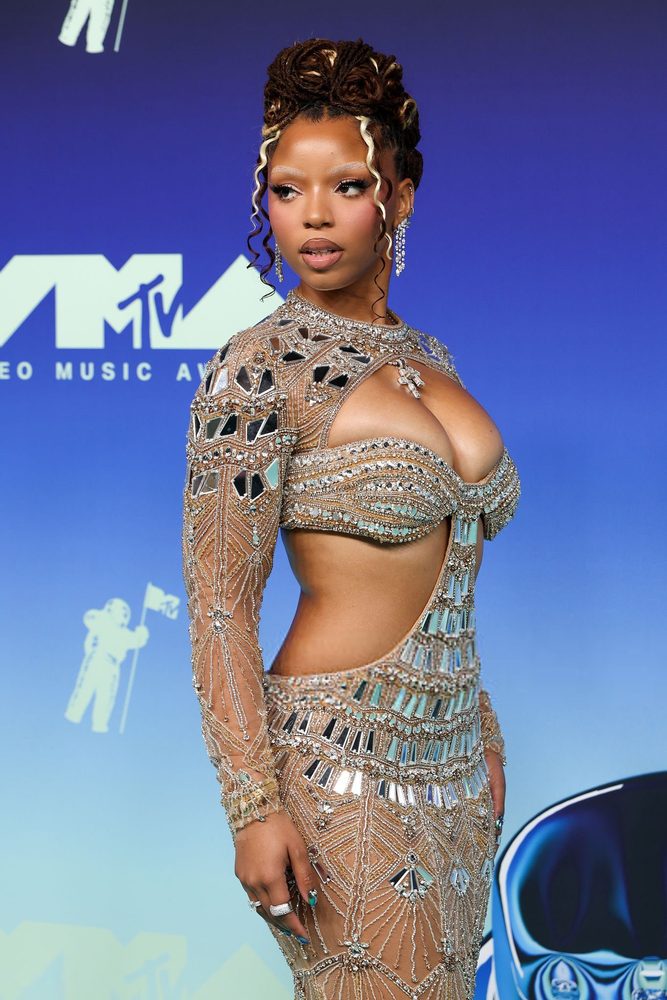 Chloe Bailey Sheer Beaded Cleavage Mirror Gown Vmas