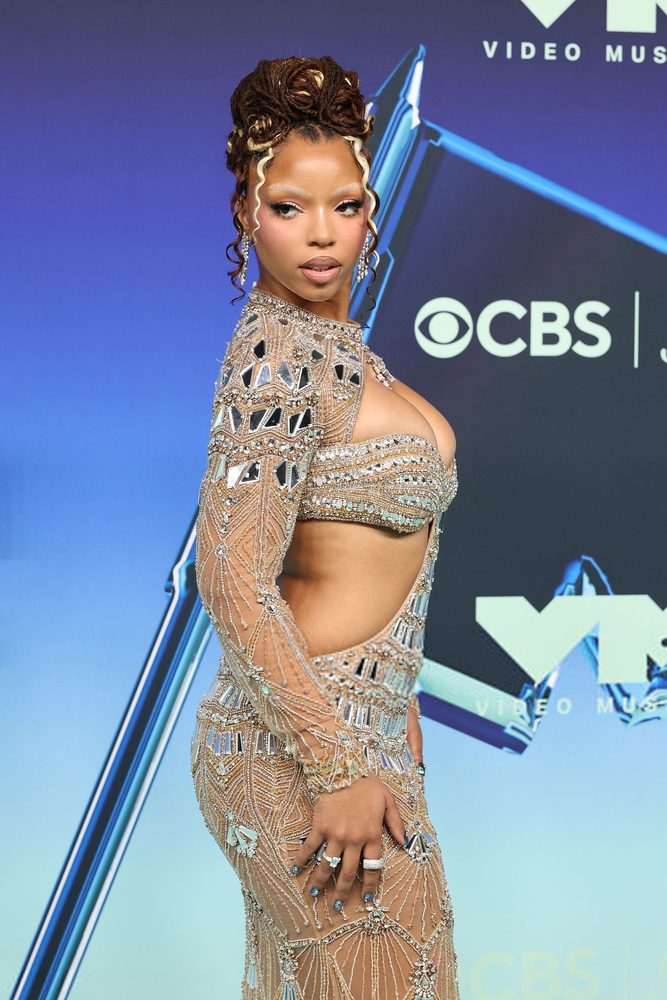 Chloe Bailey Sheer Beaded Cleavage Mirror Gown Vmas