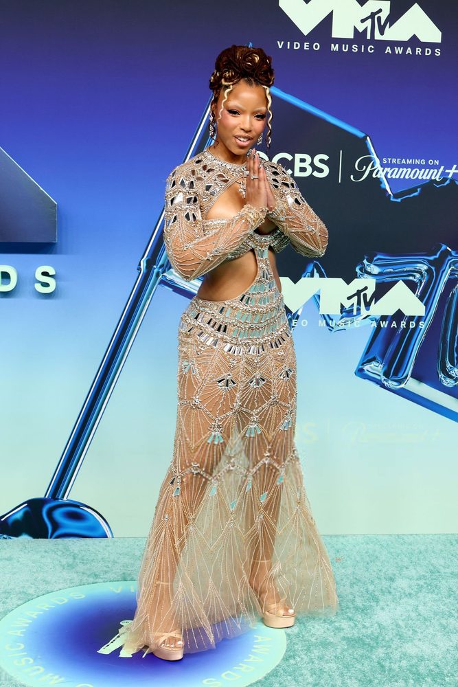 Chloe Bailey Sheer Beaded Cleavage Mirror Gown Vmas
