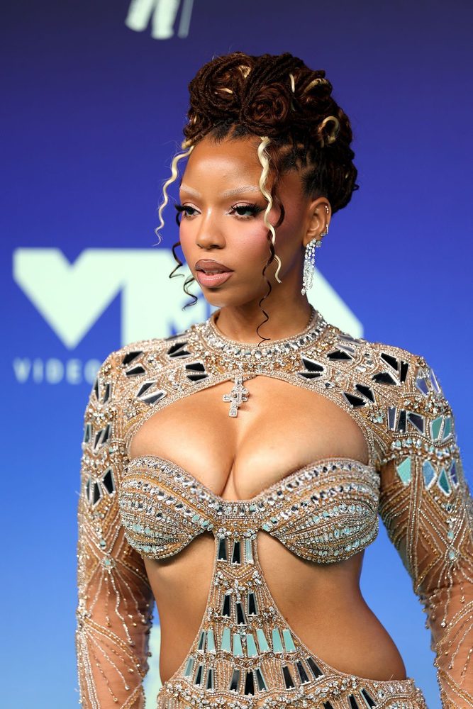 Chloe Bailey Sheer Beaded Cleavage Mirror Gown Vmas