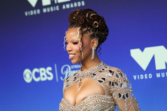 Chloe Bailey Sheer Beaded Cleavage Mirror Gown Vmas