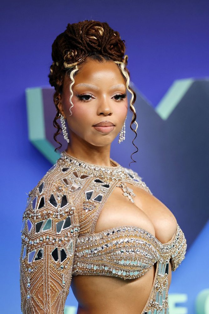 Chloe Bailey Sheer Beaded Cleavage Mirror Gown Vmas